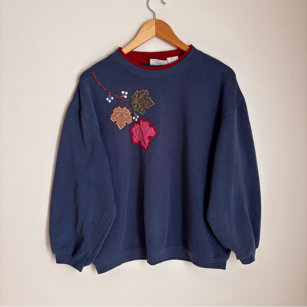 Basic Editions Blue Crew Neck Sweater with Autumn Embroidery